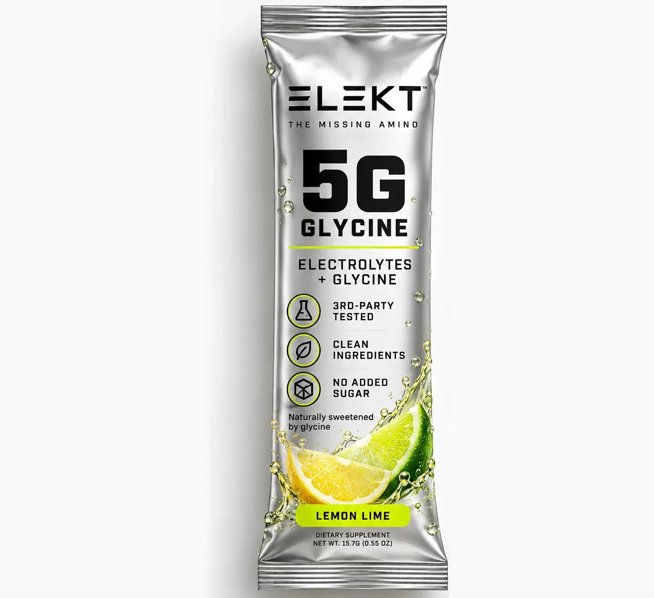 ELEKT Lemon Lime single-serve stick pack, front